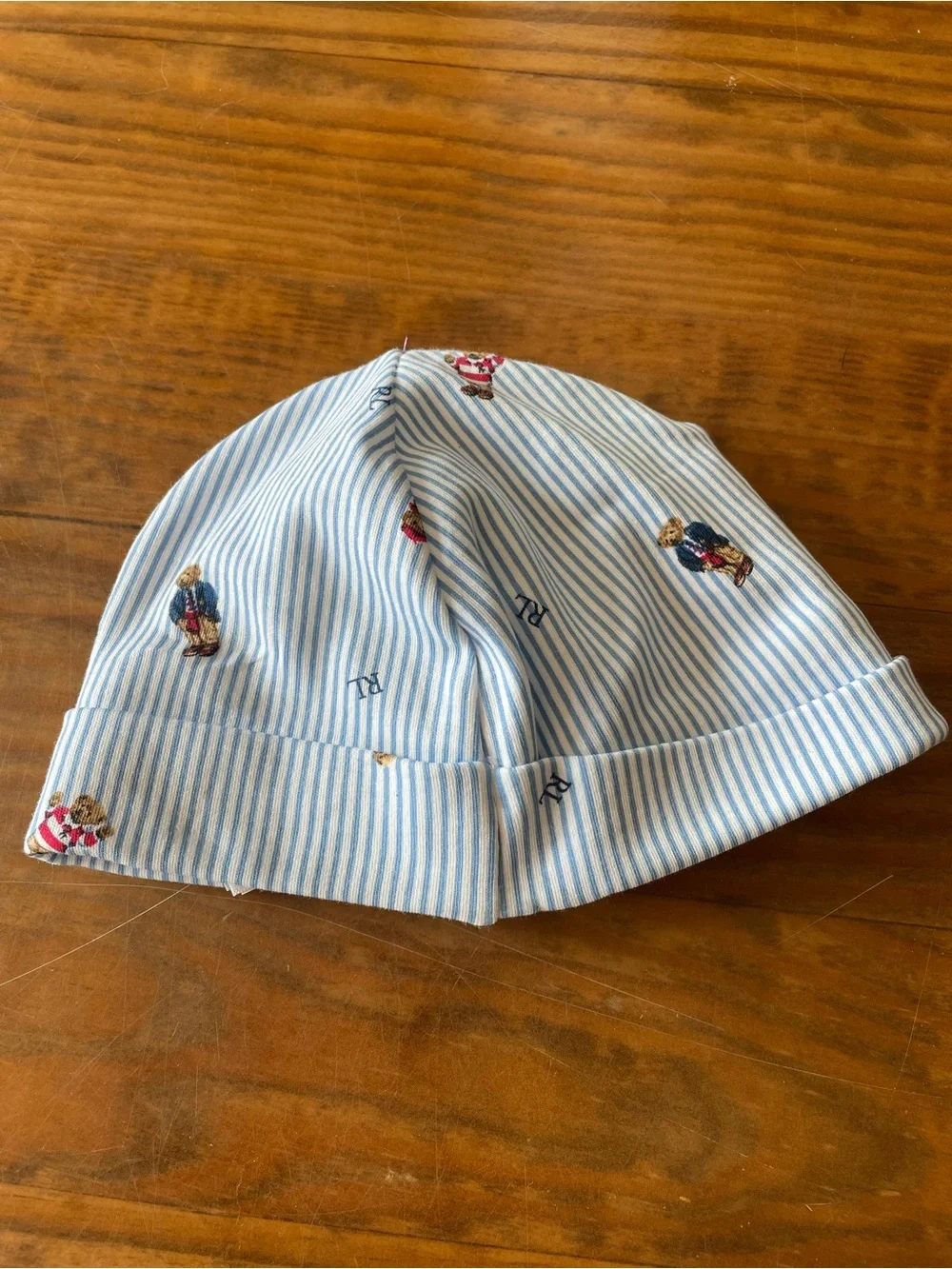 Ralph Lauren Baby Blue Stripe Bear Print Beanie Hat, One Size 3-9 mo. Cotton